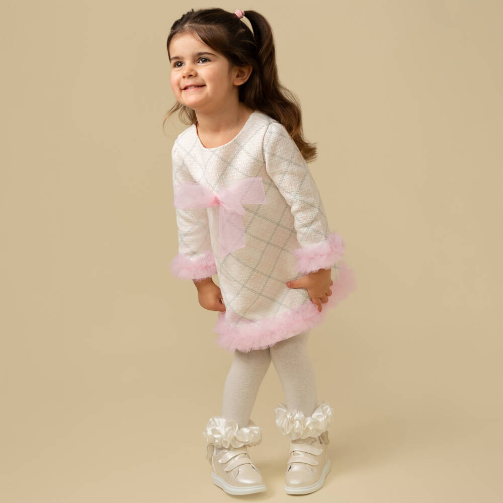Caramelo Kids-Girls Ivory & Pink Cotton Tweed Dress | Childrensalon Outlet
