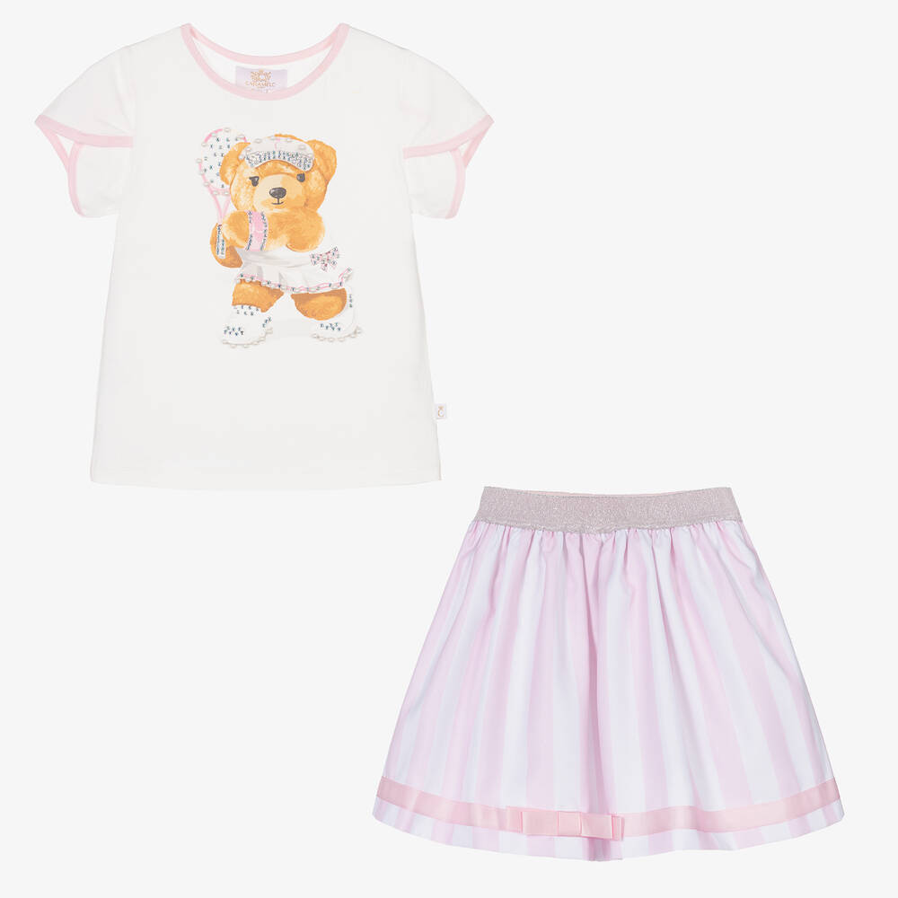 Caramelo Kids-Girls Ivory & Pink Teddy Skirt Set | Childrensalon Outlet