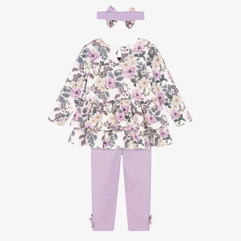Caramelo Kids-Girls Ivory & Purple Cotton Leggings Set | Childrensalon Outlet