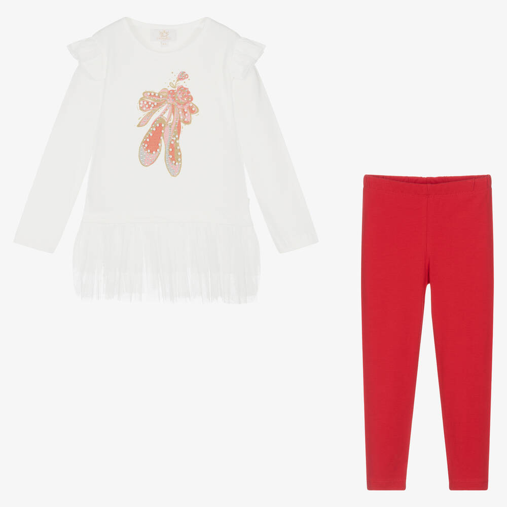 Caramelo Kids Girls Ivory Red Cotton Leggings Set