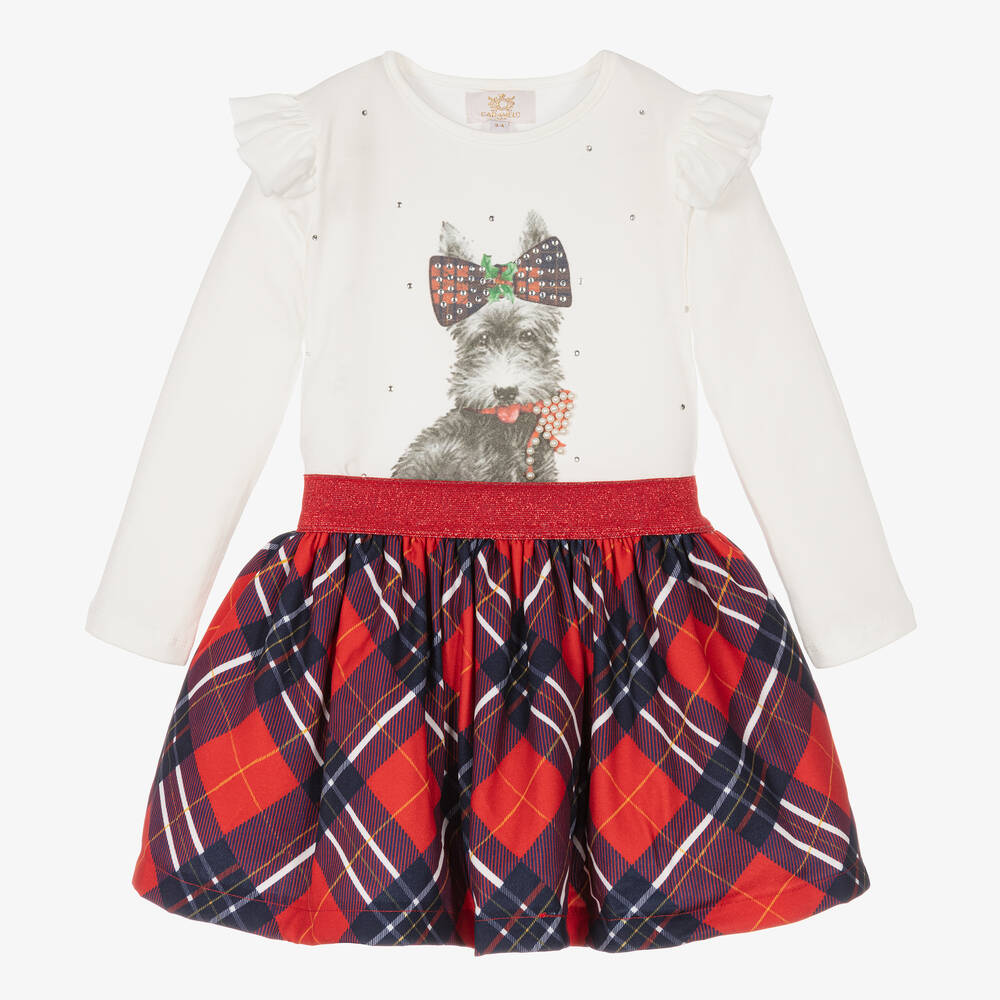 Caramelo Kids - Girls Ivory & Red Tartan Skirt Set | Childrensalon
