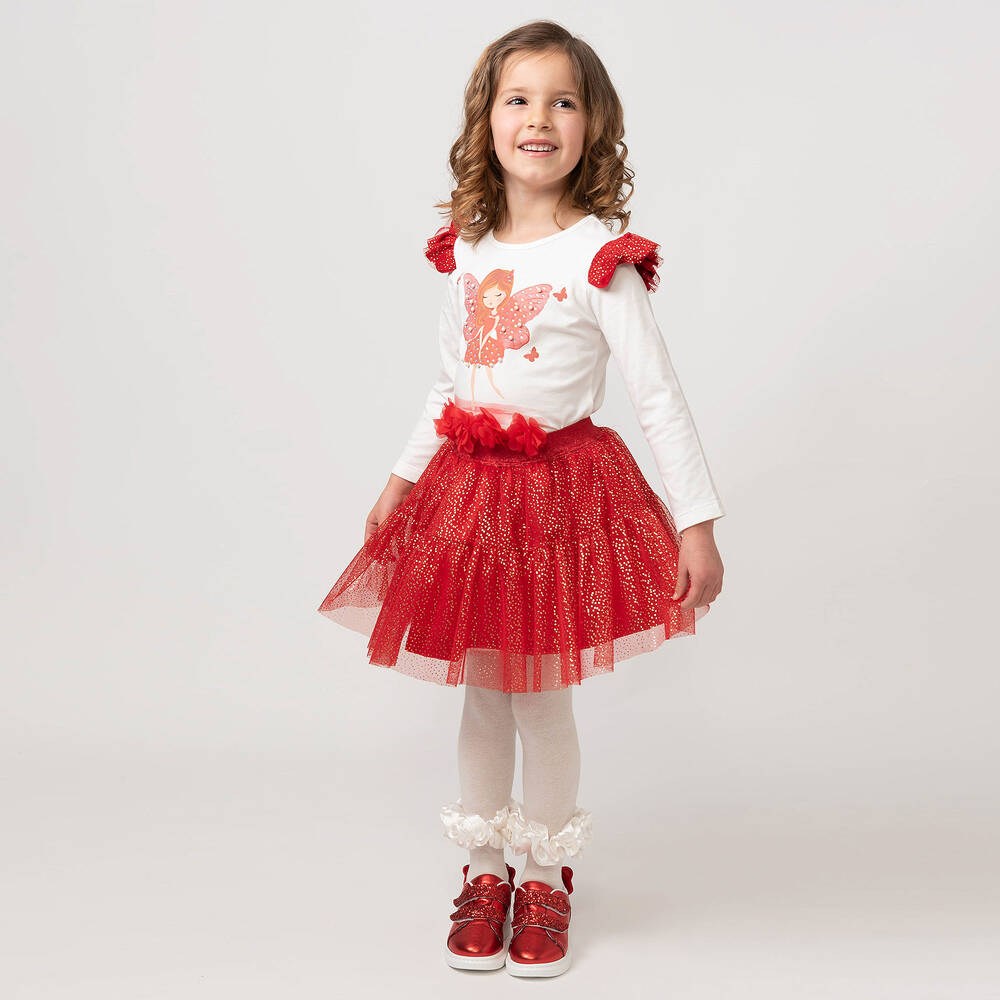 Caramelo Kids-Girls Ivory & Red Tulle Fairy Skirt Set | Childrensalon Outlet
