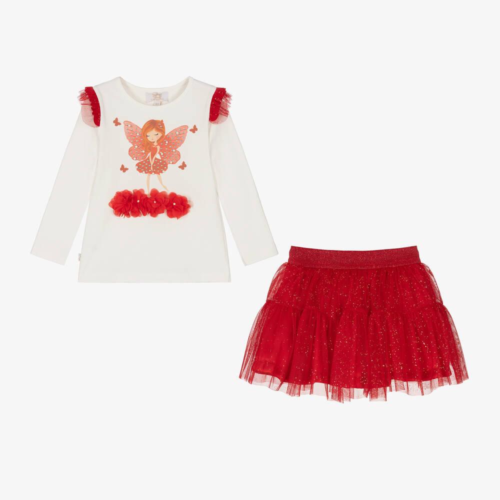 Caramelo Kids-Girls Ivory & Red Tulle Fairy Skirt Set | Childrensalon Outlet