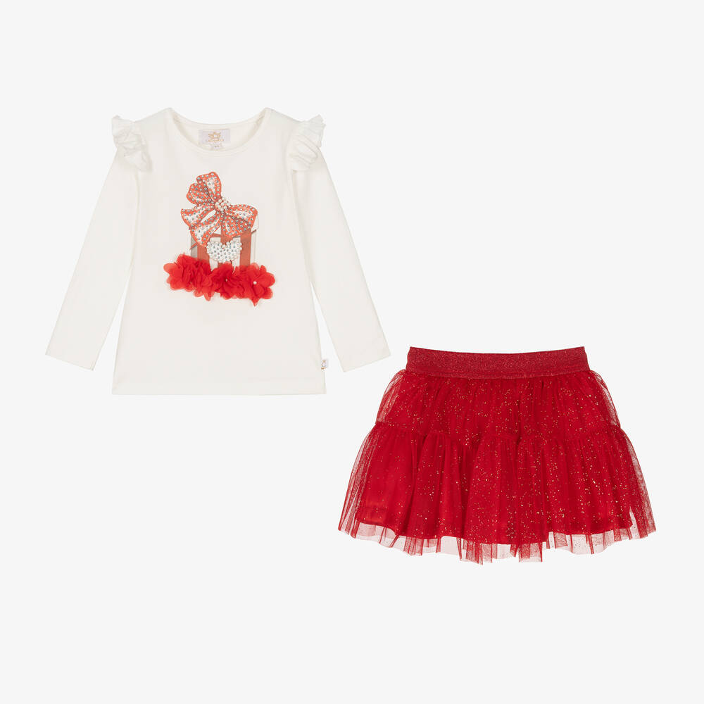 Caramelo Kids-Girls Ivory & Red Tulle Skirt Set | Childrensalon Outlet