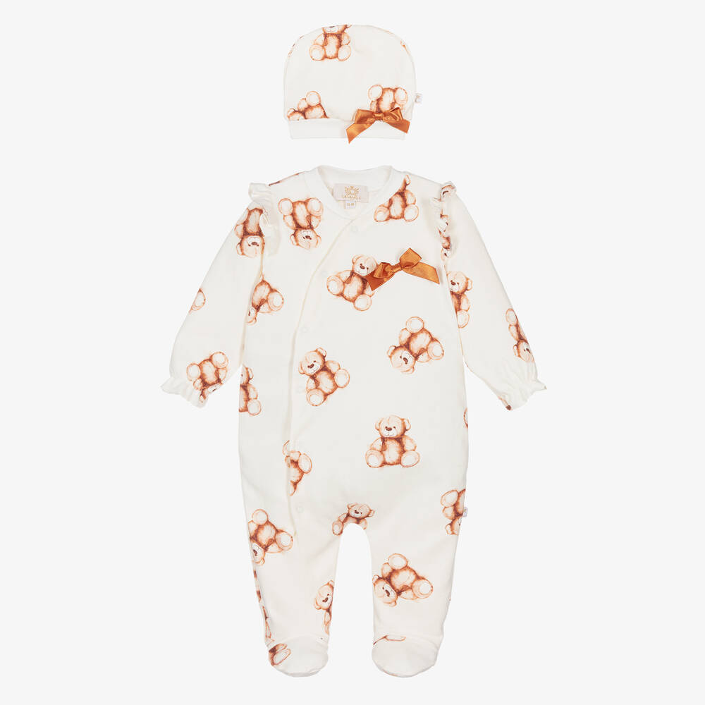Caramelo Kids-Girls Ivory Teddy Print Babygrow Set | Childrensalon Outlet