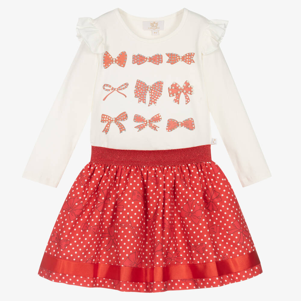 Caramelo Kids - Girls Ivory Top & Red Skirt Set | Childrensalon