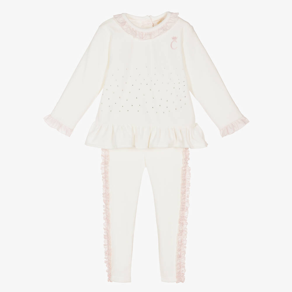 Caramelo Kids - Girls Ivory Velour Trouser Set | Childrensalon