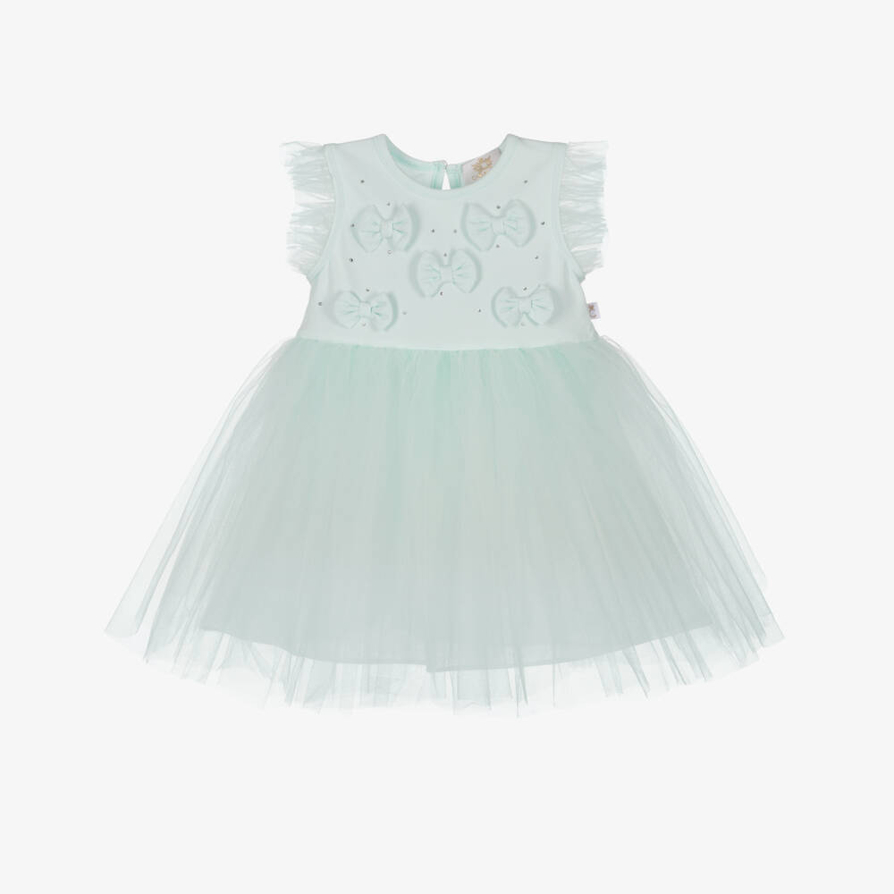 Caramelo Kids-Girls Mint Green Bow Dress with Tulle Skirt | Childrensalon Outlet