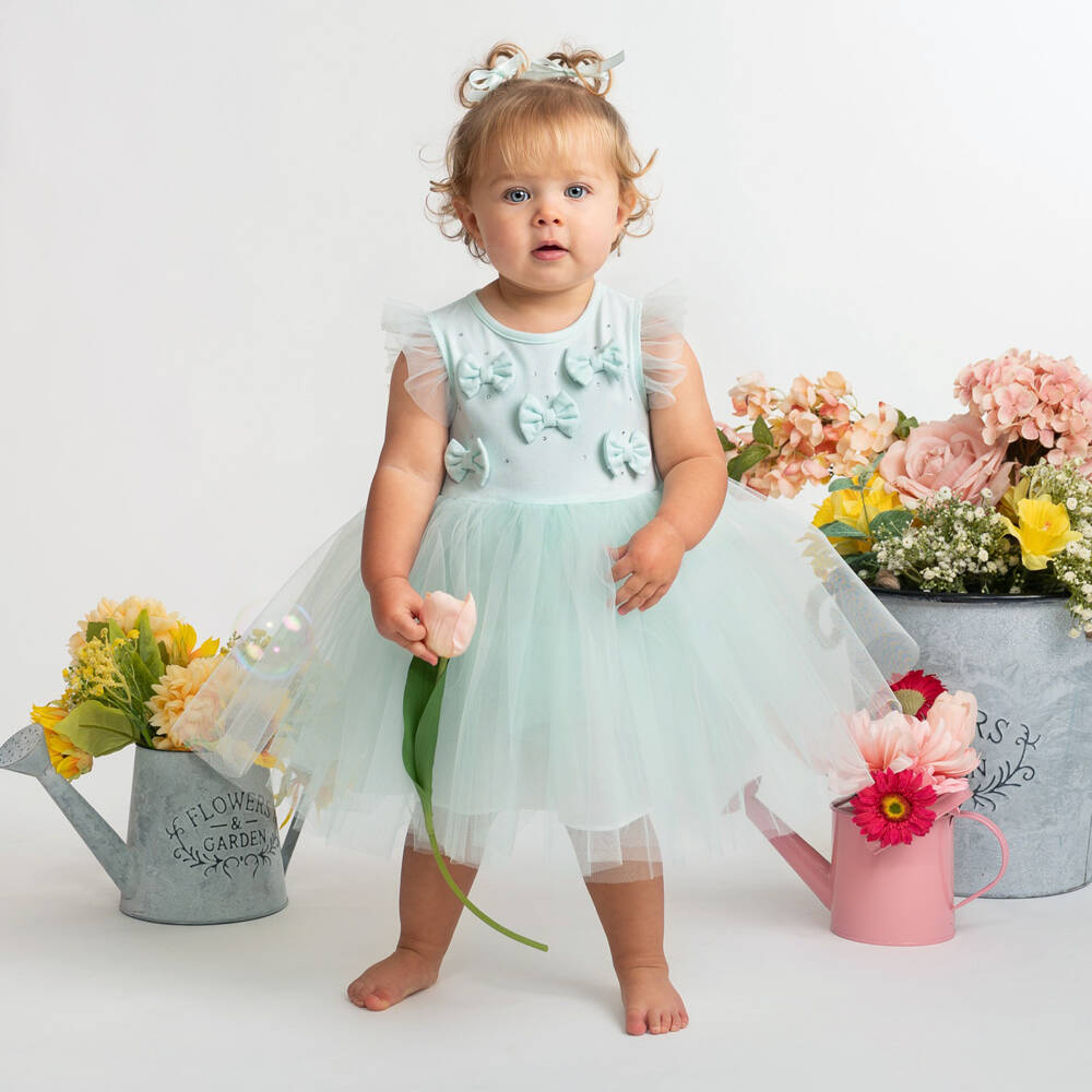 Caramelo Kids-Girls Mint Green Bow Dress with Tulle Skirt | Childrensalon Outlet