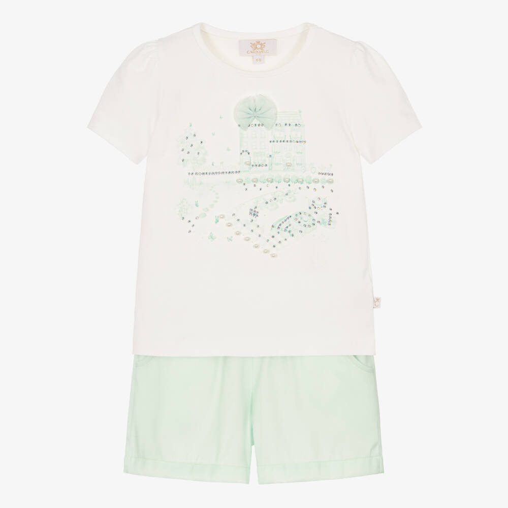 Caramelo Kids-Girls Mint Green Shorts Set with Pearls & Diamantés | Childrensalon Outlet
