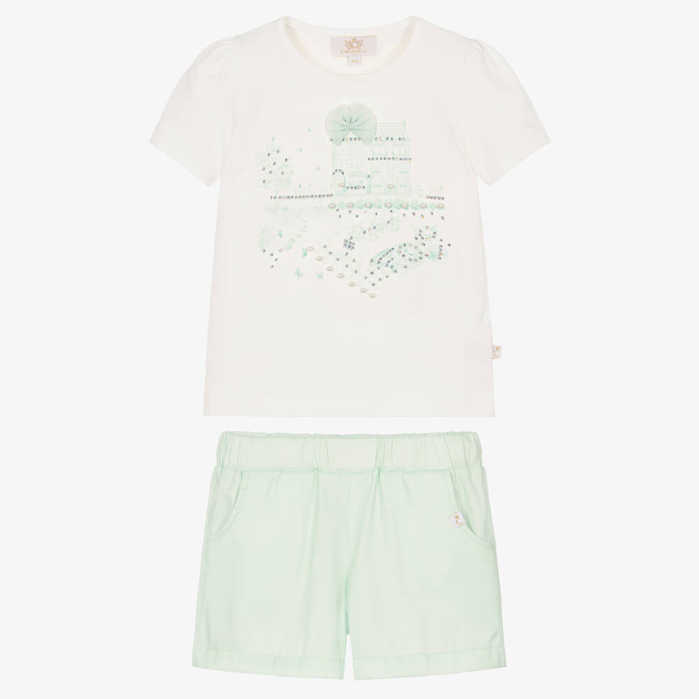 Caramelo Kids-Girls Mint Green Shorts Set with Pearls & Diamantés | Childrensalon Outlet