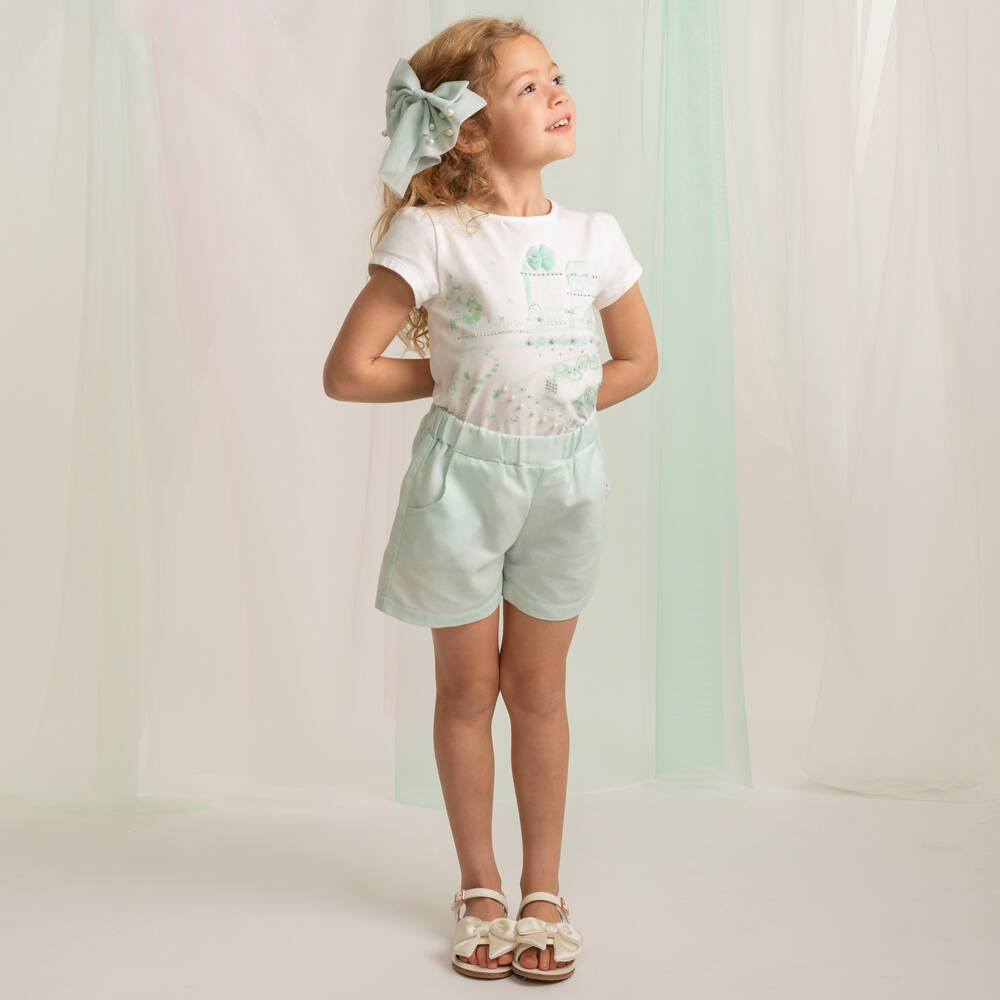 Caramelo Kids-Girls Mint Green Shorts Set with Pearls & Diamantés | Childrensalon Outlet