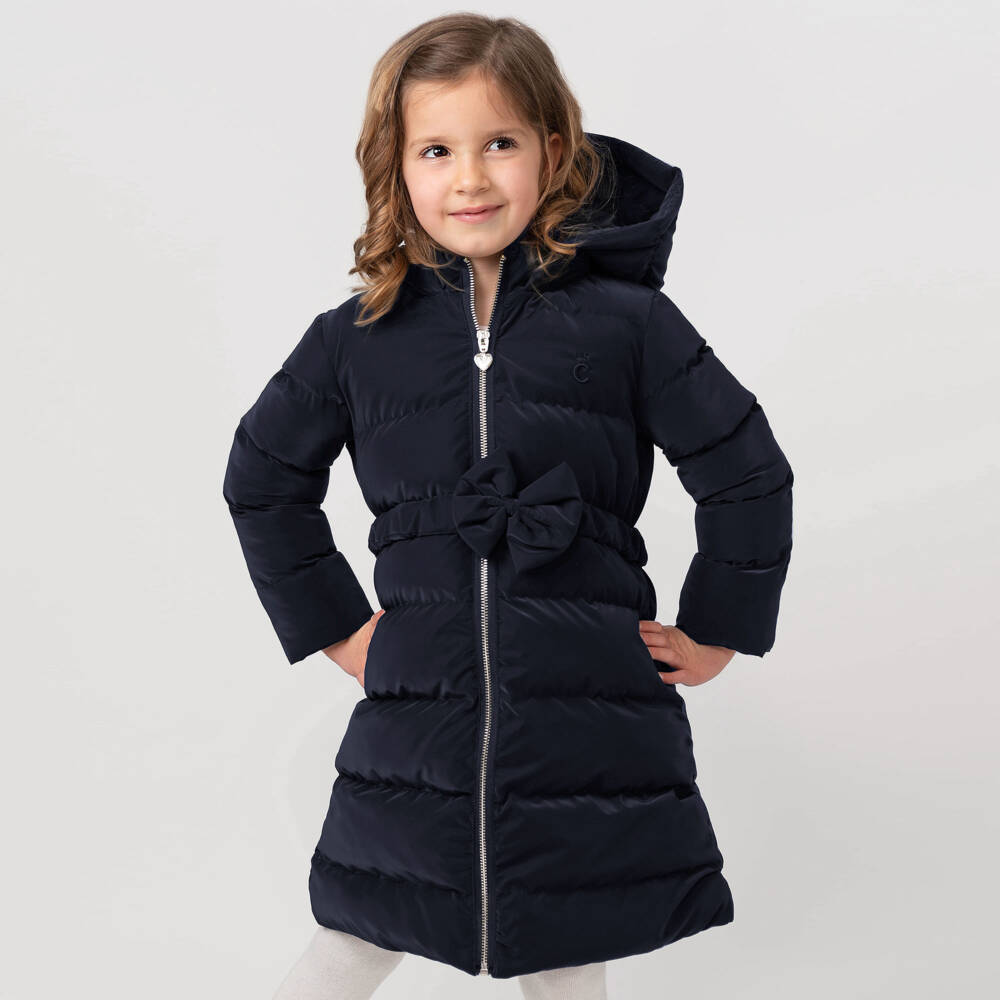 Caramelo Kids-Girls Navy Blue Bow Puffer Coat | Childrensalon Outlet