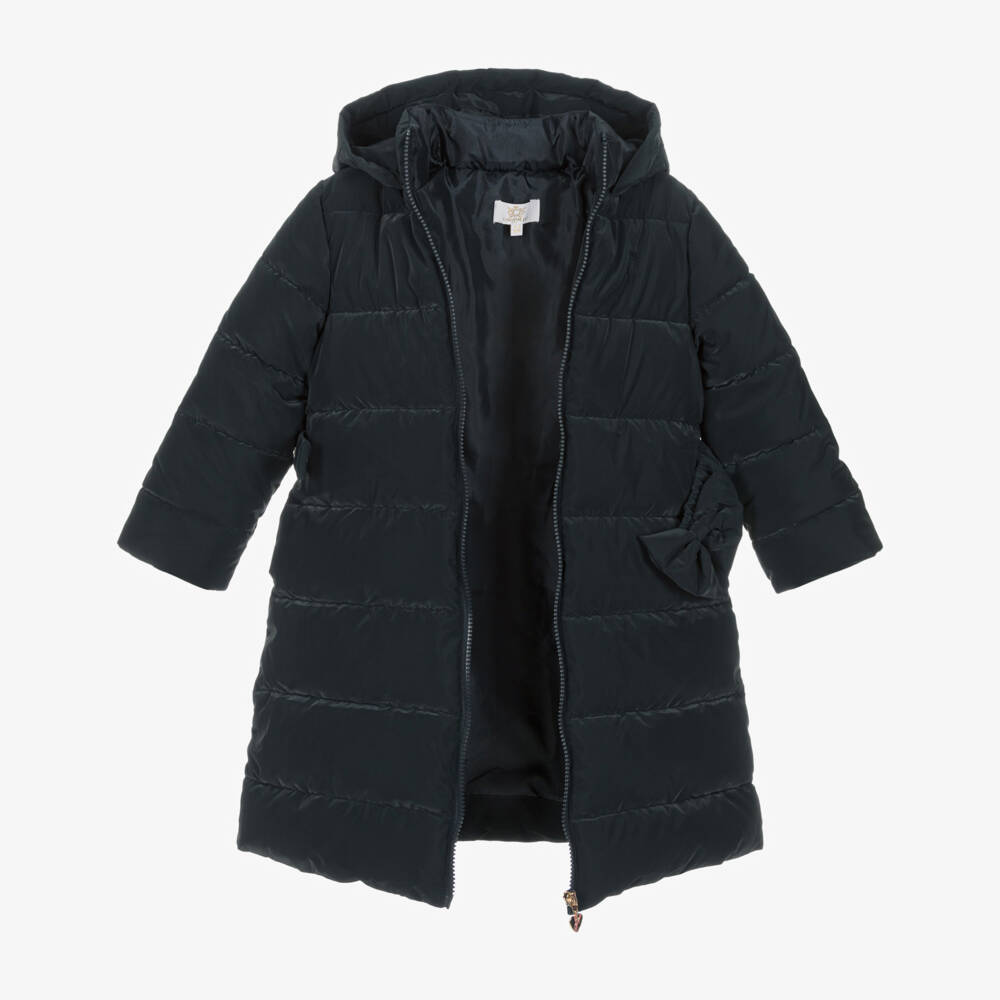 Caramelo Kids-Girls Navy Blue Bow Puffer Coat | Childrensalon Outlet