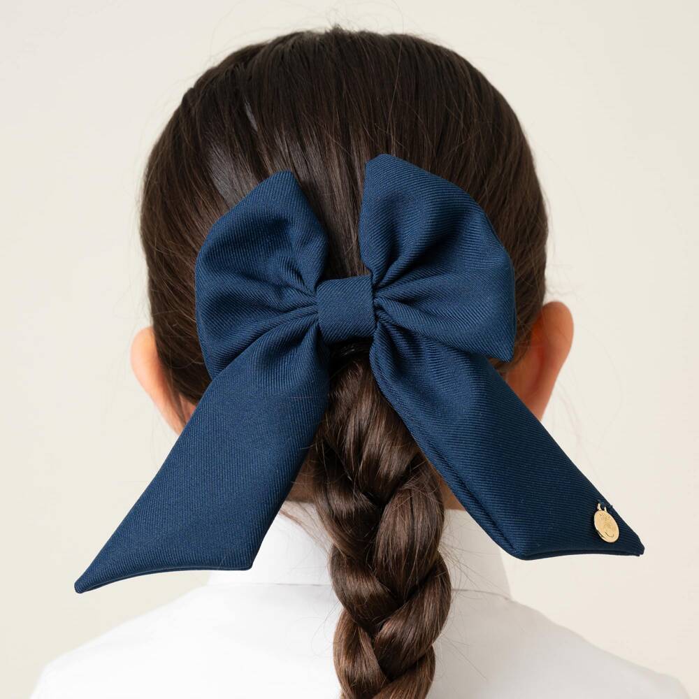 Caramelo Kids-Girls Navy Blue Twill Bow Hair Clip (11cm) | Childrensalon Outlet