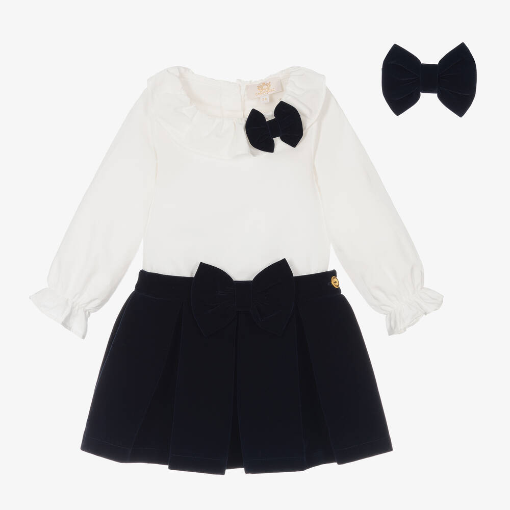 Caramelo Kids - Girls Navy Blue Velvet Skirt Set | Childrensalon