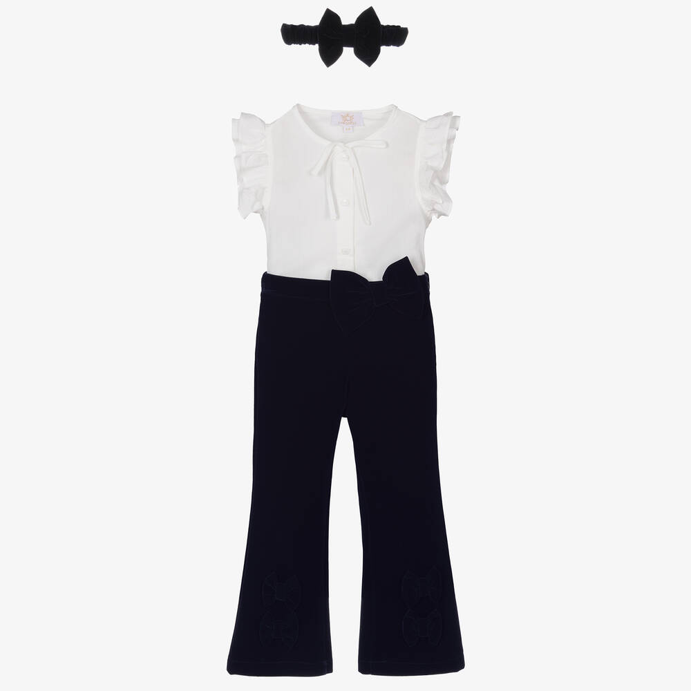 Caramelo Kids - Girls Navy Blue Velvet Trousers Set | Childrensalon