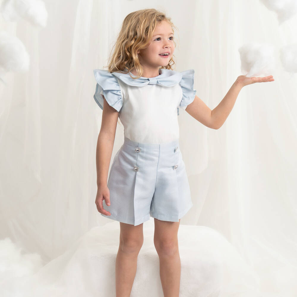 Caramelo Kids-Girls Pale Blue Pleated Shorts Set | Childrensalon Outlet
