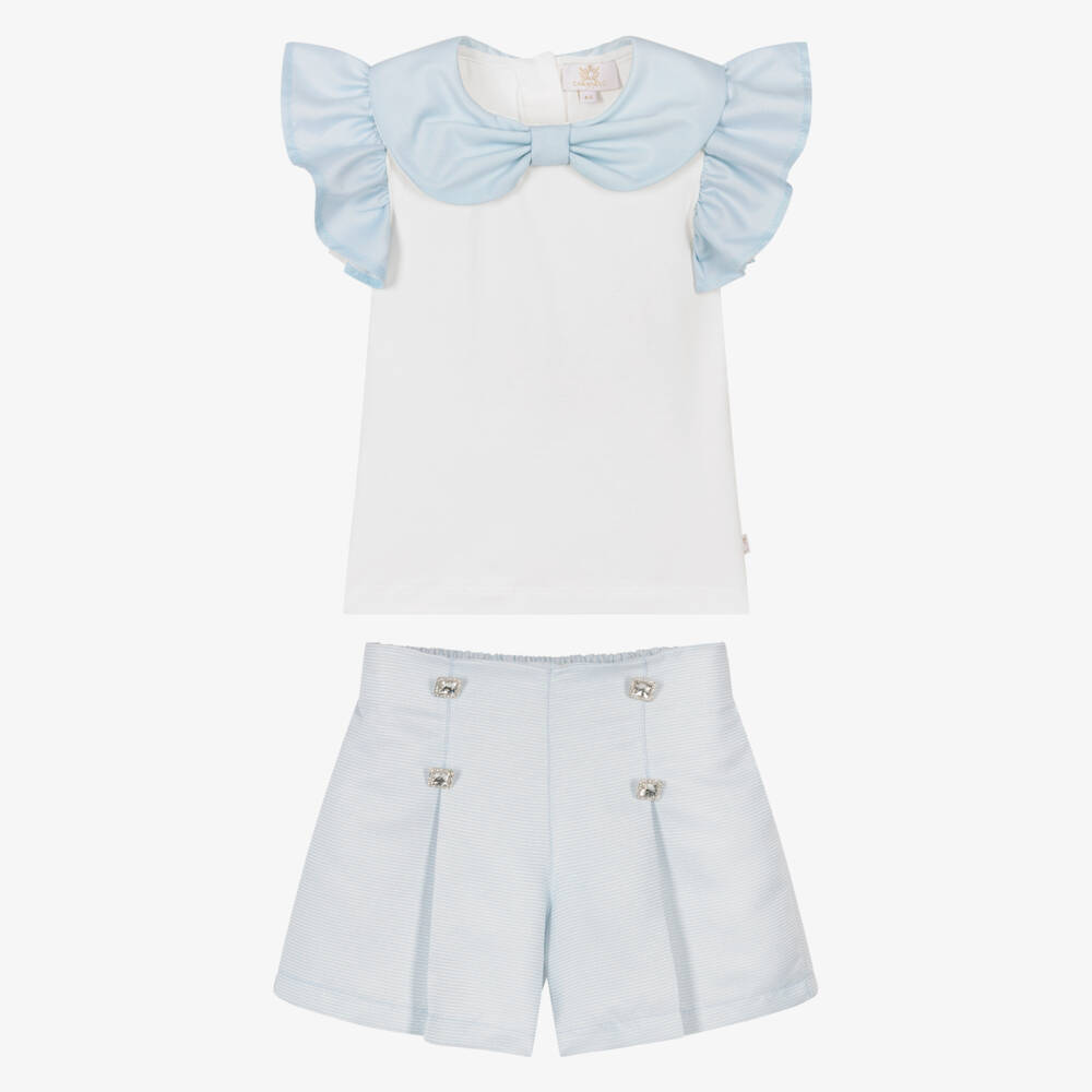 Caramelo Kids-Girls Pale Blue Pleated Shorts Set | Childrensalon Outlet