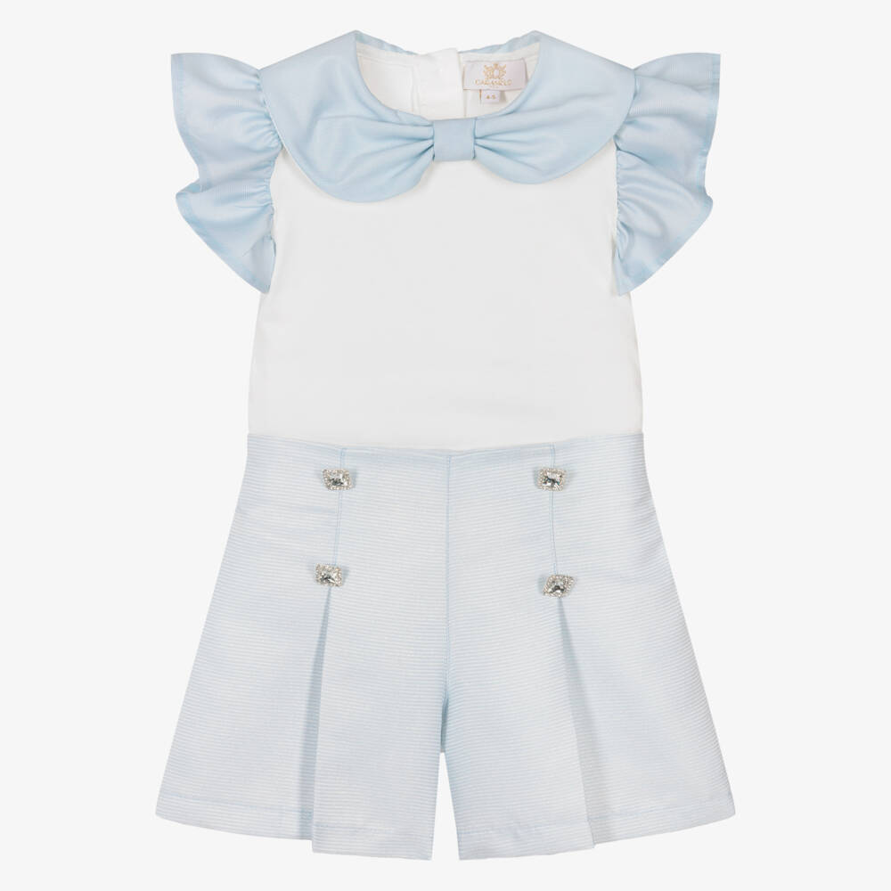 Caramelo Kids-Girls Pale Blue Pleated Shorts Set | Childrensalon Outlet