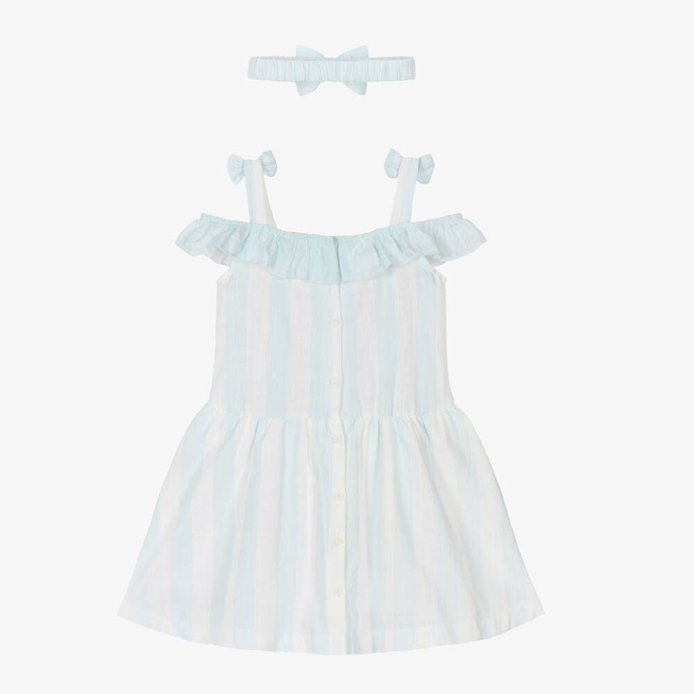 Caramelo Kids-Girls Pale Blue & White Striped Cotton Dress | Childrensalon Outlet