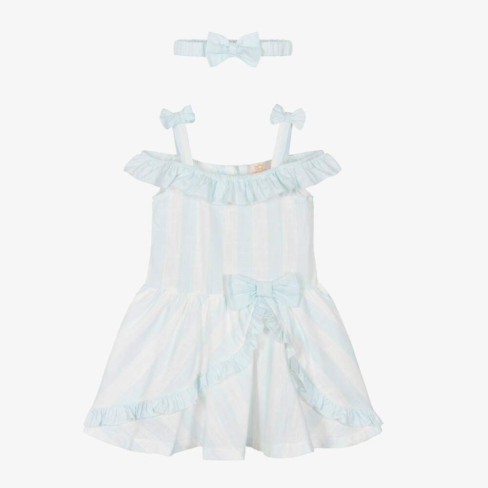 Caramelo Kids-Girls Pale Blue & White Striped Cotton Dress | Childrensalon Outlet