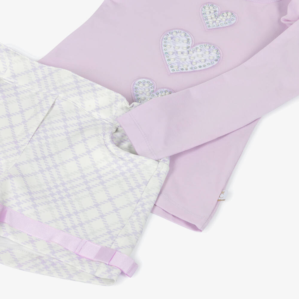 Caramelo Kids-Girls Pale Lilac Purple Shorts Set with Heart Motifs | Childrensalon Outlet