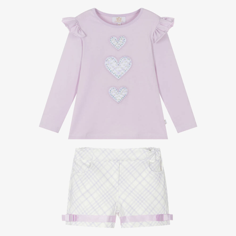 Caramelo Kids-Girls Pale Lilac Purple Shorts Set with Heart Motifs | Childrensalon Outlet