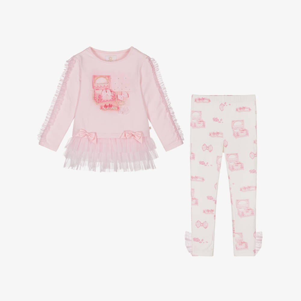 Caramelo Kids-Girls Pale Pink Cotton Leggings Set with Jewellery Box Print | Childrensalon Outlet