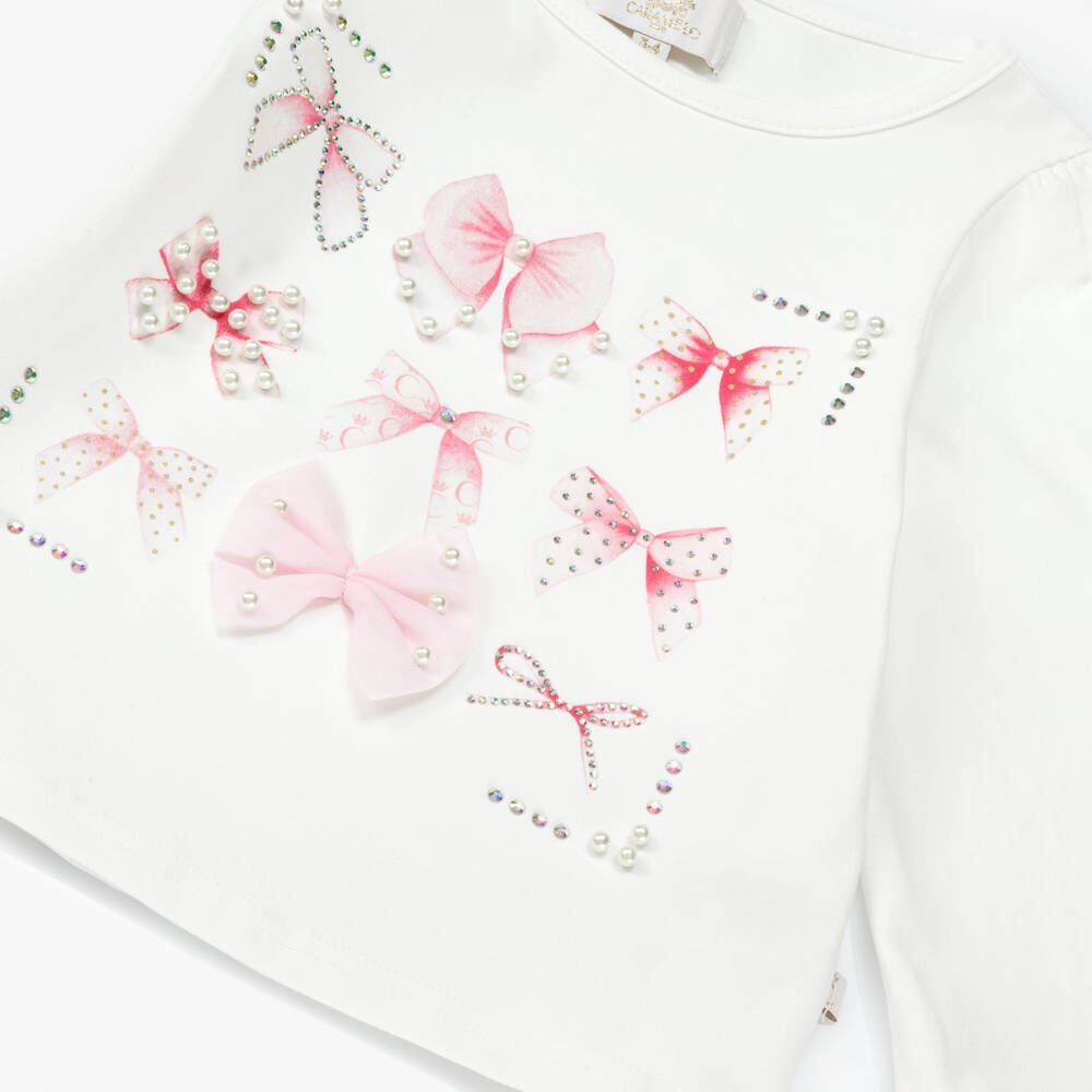 Caramelo Kids-Girls Pale Pink Cotton Skirt Set with Bows, Diamantés & Pearls | Childrensalon Outlet