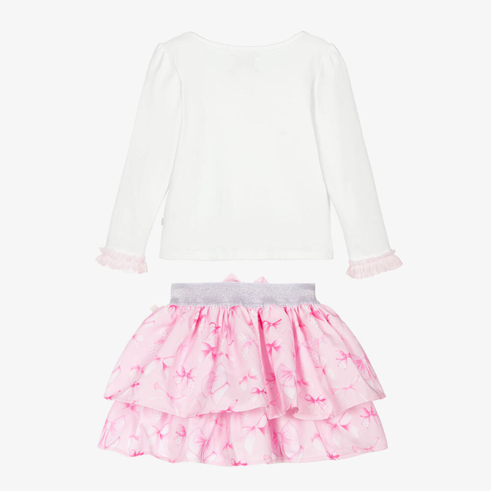 Caramelo Kids-Girls Pale Pink Cotton Skirt Set with Bows, Diamantés & Pearls | Childrensalon Outlet