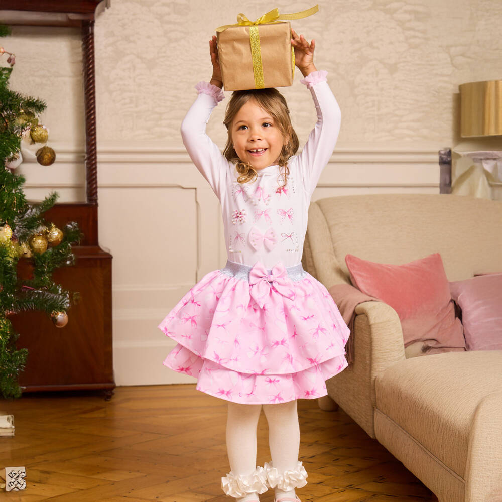 Caramelo Kids-Girls Pale Pink Cotton Skirt Set with Bows, Diamantés & Pearls | Childrensalon Outlet