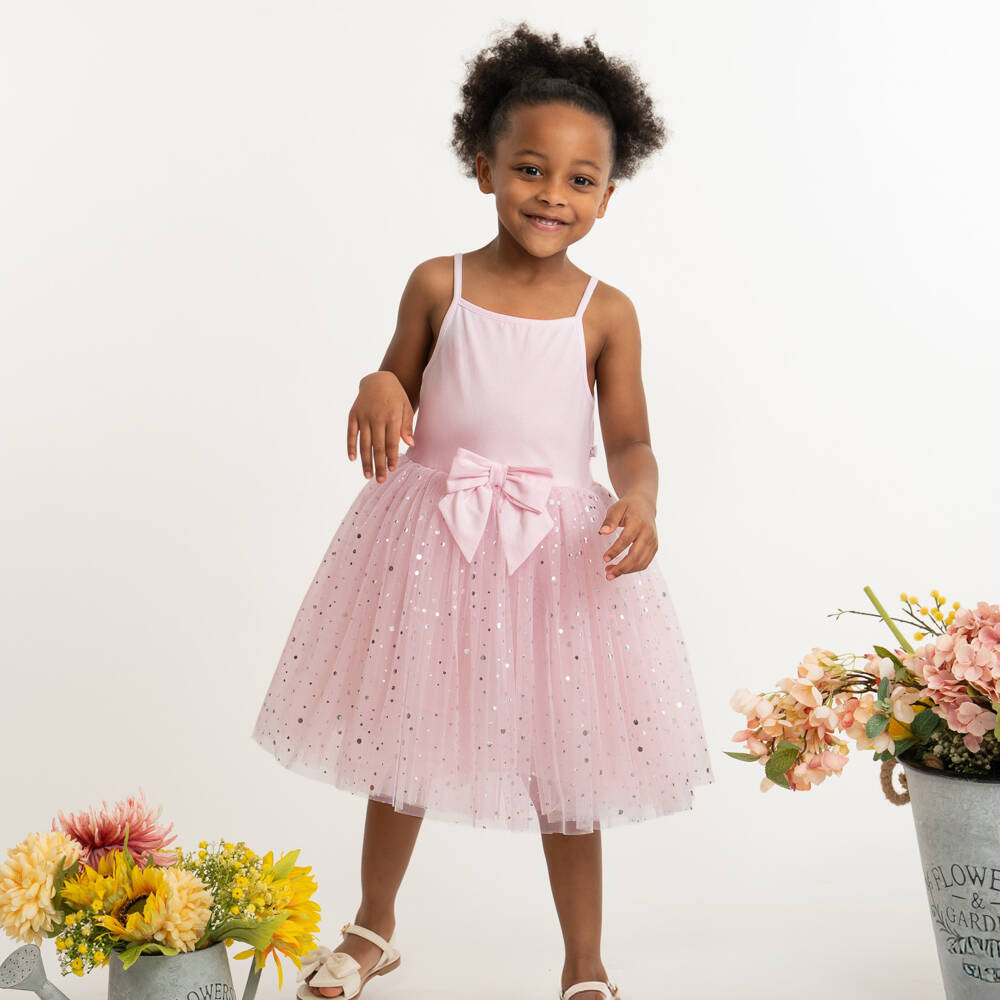 Caramelo Kids-Girls Pale Pink Sleeveless Dress with Tulle Skirt | Childrensalon Outlet