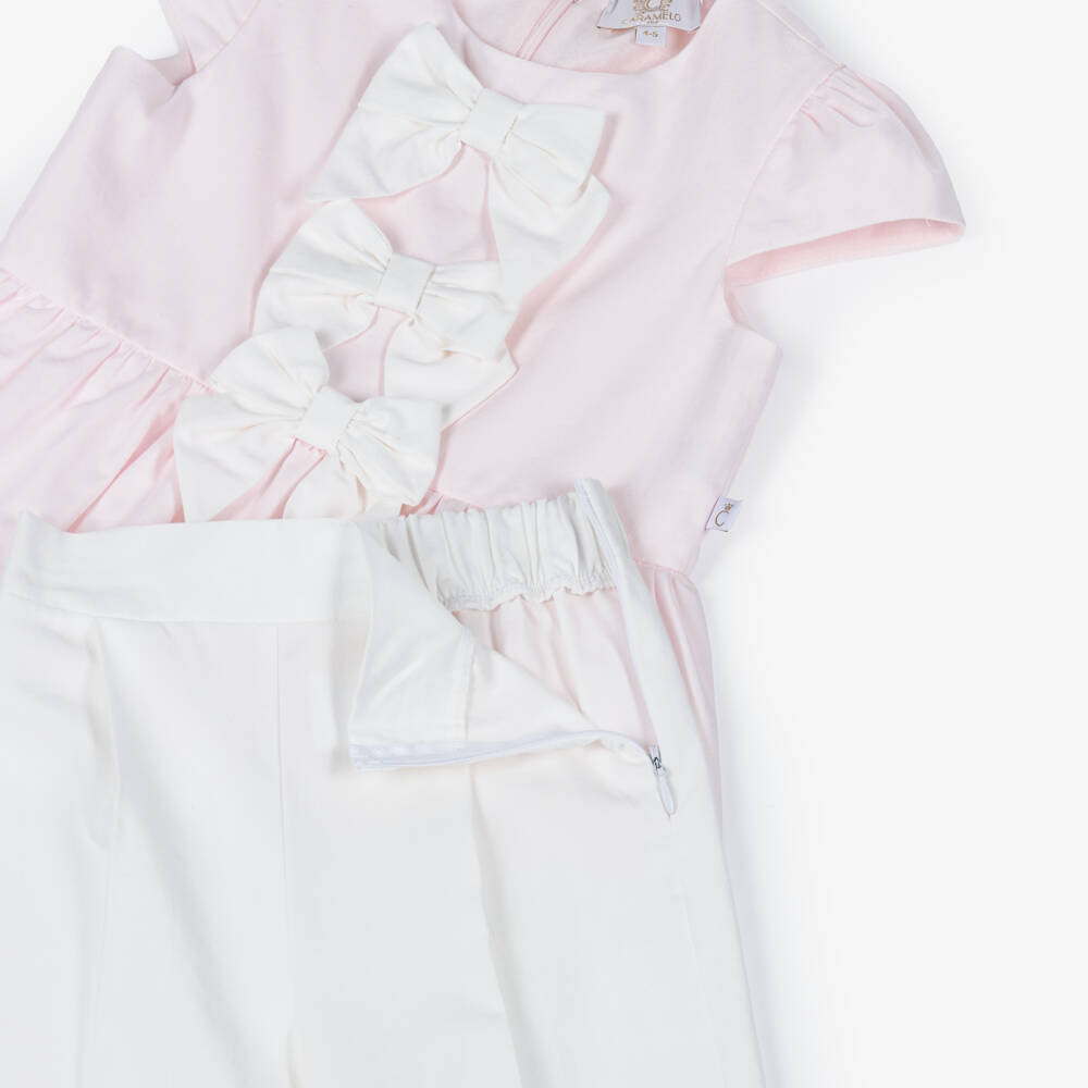 Caramelo Kids-Girls Pale Pink & White Cotton Trouser Set with Bow Hair Clip | Childrensalon Outlet