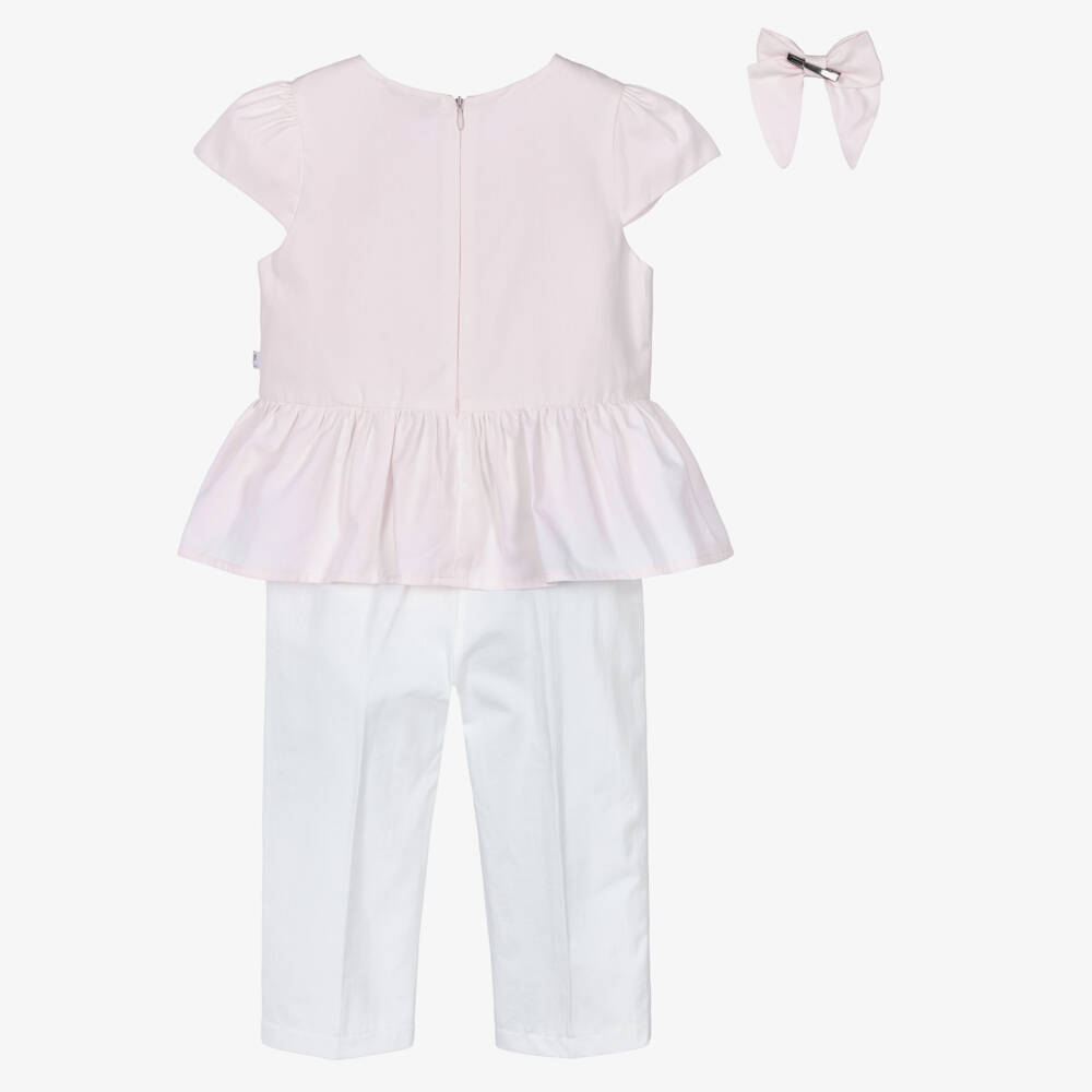 Caramelo Kids-Girls Pale Pink & White Cotton Trouser Set with Bow Hair Clip | Childrensalon Outlet