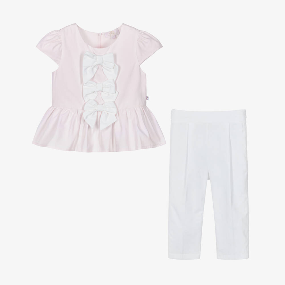 Caramelo Kids-Girls Pale Pink & White Cotton Trouser Set with Bow Hair Clip | Childrensalon Outlet