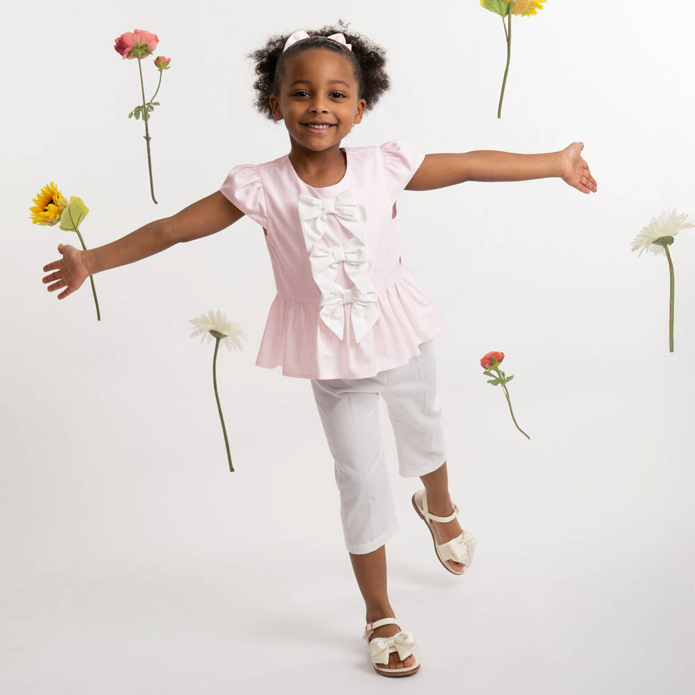 Caramelo Kids-Girls Pale Pink & White Cotton Trouser Set with Bow Hair Clip | Childrensalon Outlet