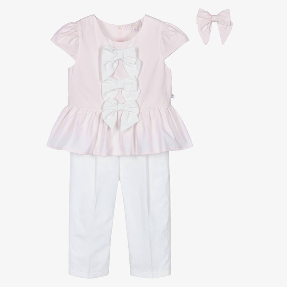 Caramelo Kids-Girls Pale Pink & White Cotton Trouser Set with Bow Hair Clip | Childrensalon Outlet