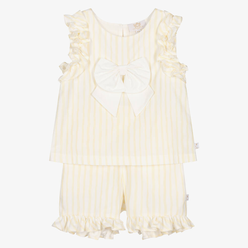 Caramelo Kids-Girls Pale Yellow & White Candy Stripe Shorts Set | Childrensalon Outlet