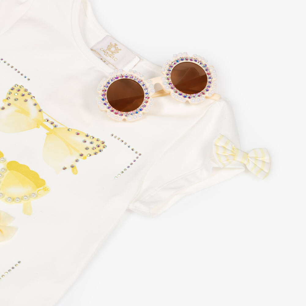 Caramelo Kids-Girls Pale Yellow & White Striped Shorts Set with Sunglasses | Childrensalon Outlet