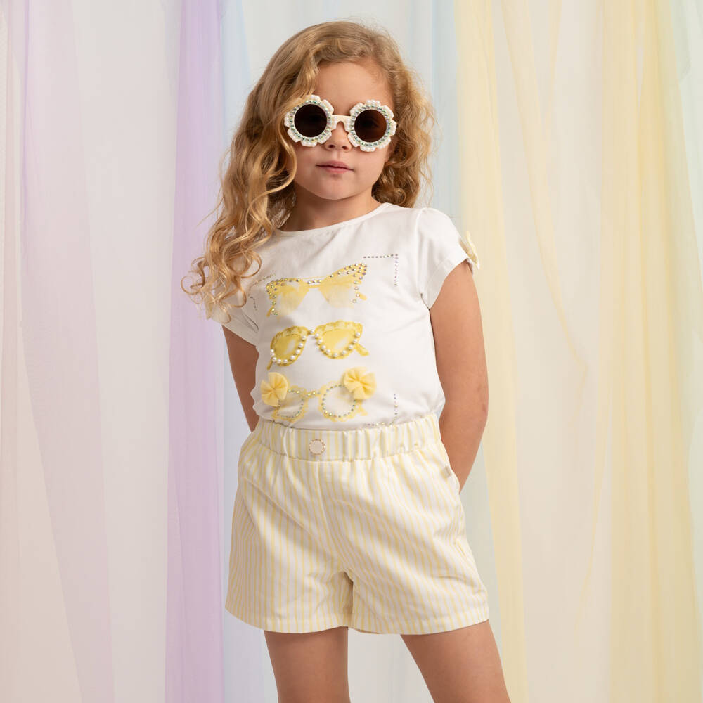 Caramelo Kids-Girls Pale Yellow & White Striped Shorts Set with Sunglasses | Childrensalon Outlet