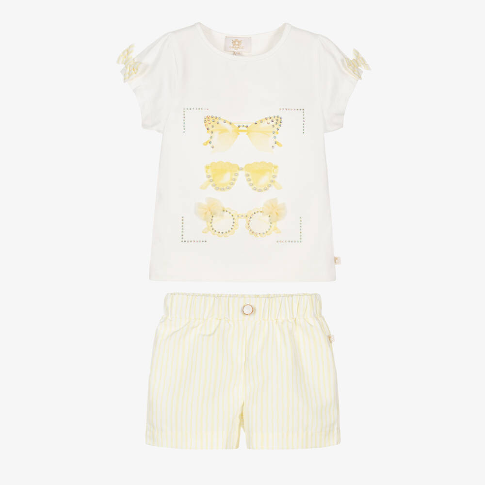 Caramelo Kids-Girls Pale Yellow & White Striped Shorts Set with Sunglasses | Childrensalon Outlet
