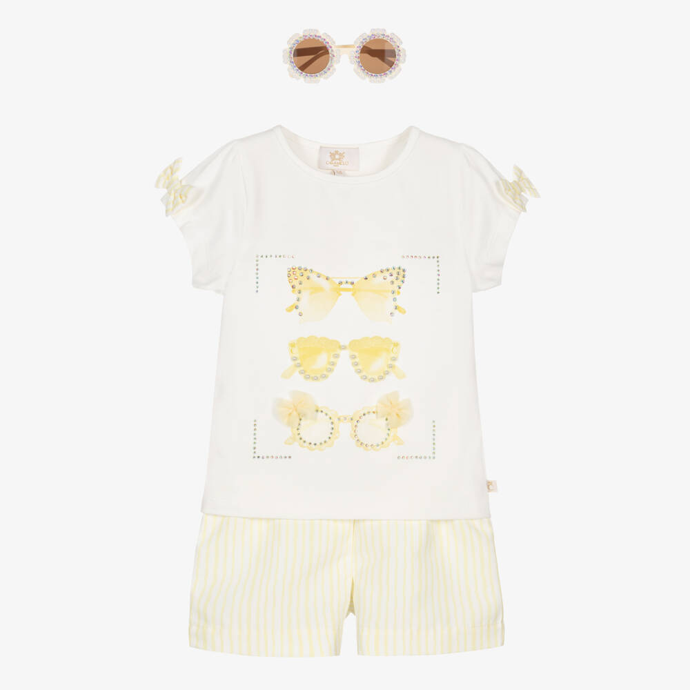 Caramelo Kids-Girls Pale Yellow & White Striped Shorts Set with Sunglasses | Childrensalon Outlet