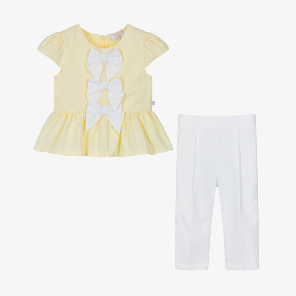 Caramelo Kids-Girls Pale Yellow & White Trouser Set with Bow Hair Clip | Childrensalon Outlet