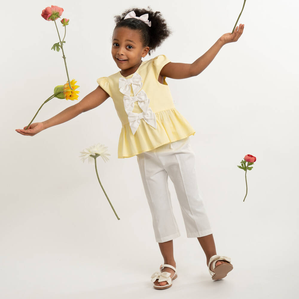 Caramelo Kids-Girls Pale Yellow & White Trouser Set with Bow Hair Clip | Childrensalon Outlet