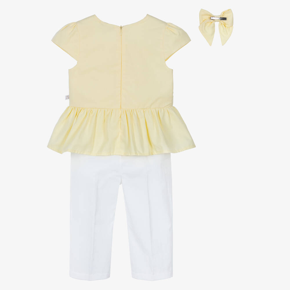 Caramelo Kids-Girls Pale Yellow & White Trouser Set with Bow Hair Clip | Childrensalon Outlet