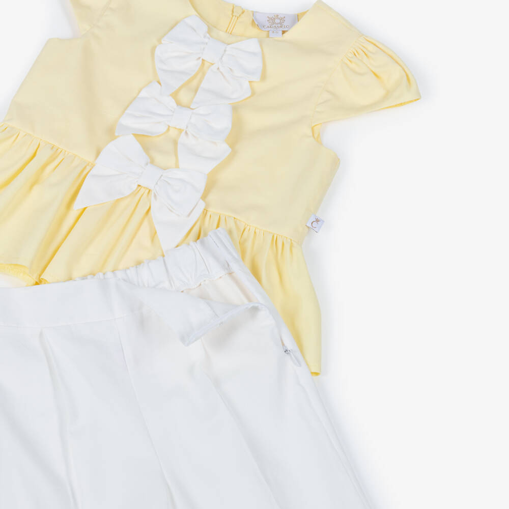 Caramelo Kids-Girls Pale Yellow & White Trouser Set with Bow Hair Clip | Childrensalon Outlet