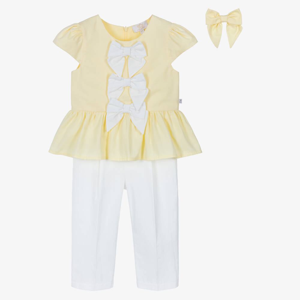 Caramelo Kids-Girls Pale Yellow & White Trouser Set with Bow Hair Clip | Childrensalon Outlet