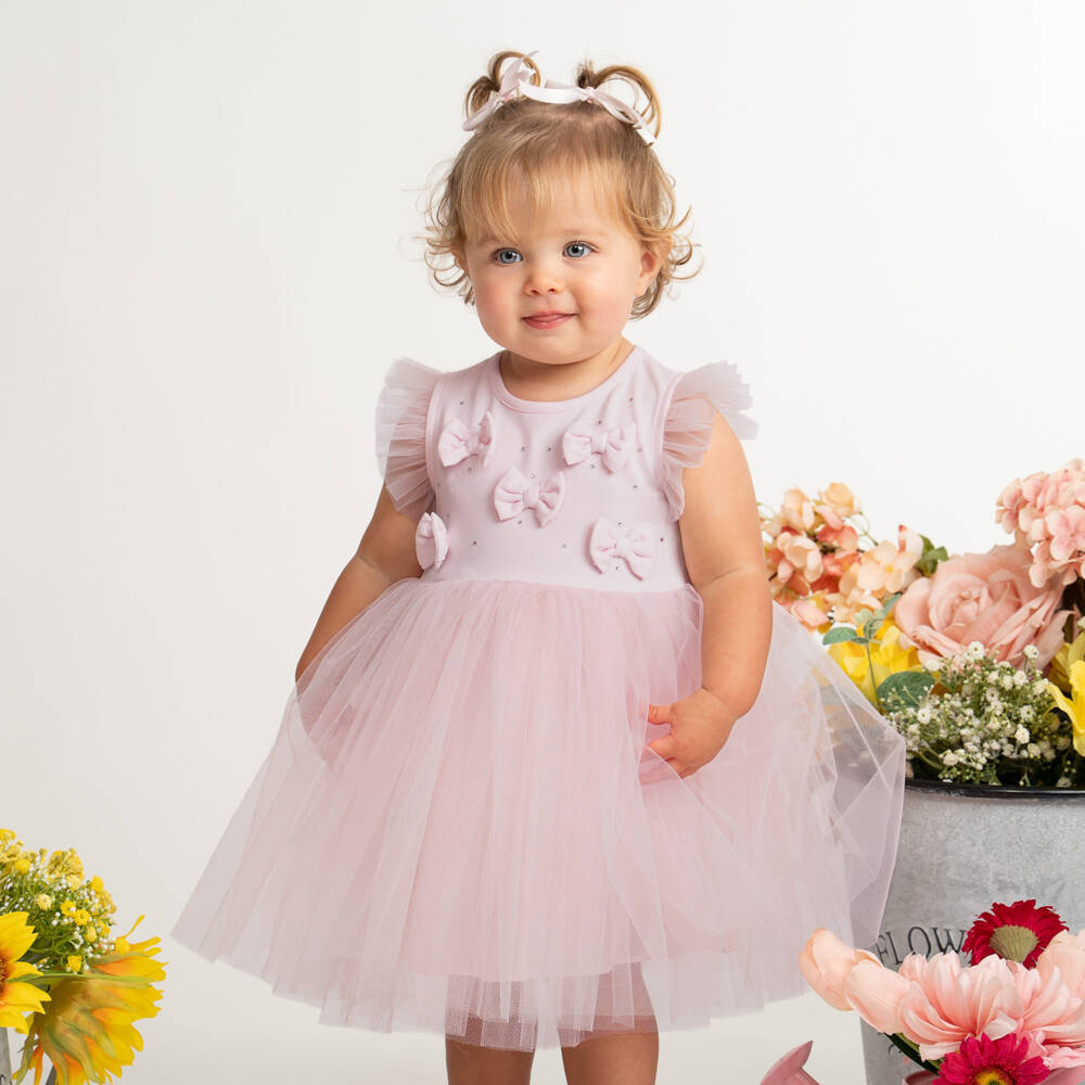 Caramelo Kids-Girls Pastel Pink Bow Dress with Tulle Skirt | Childrensalon Outlet