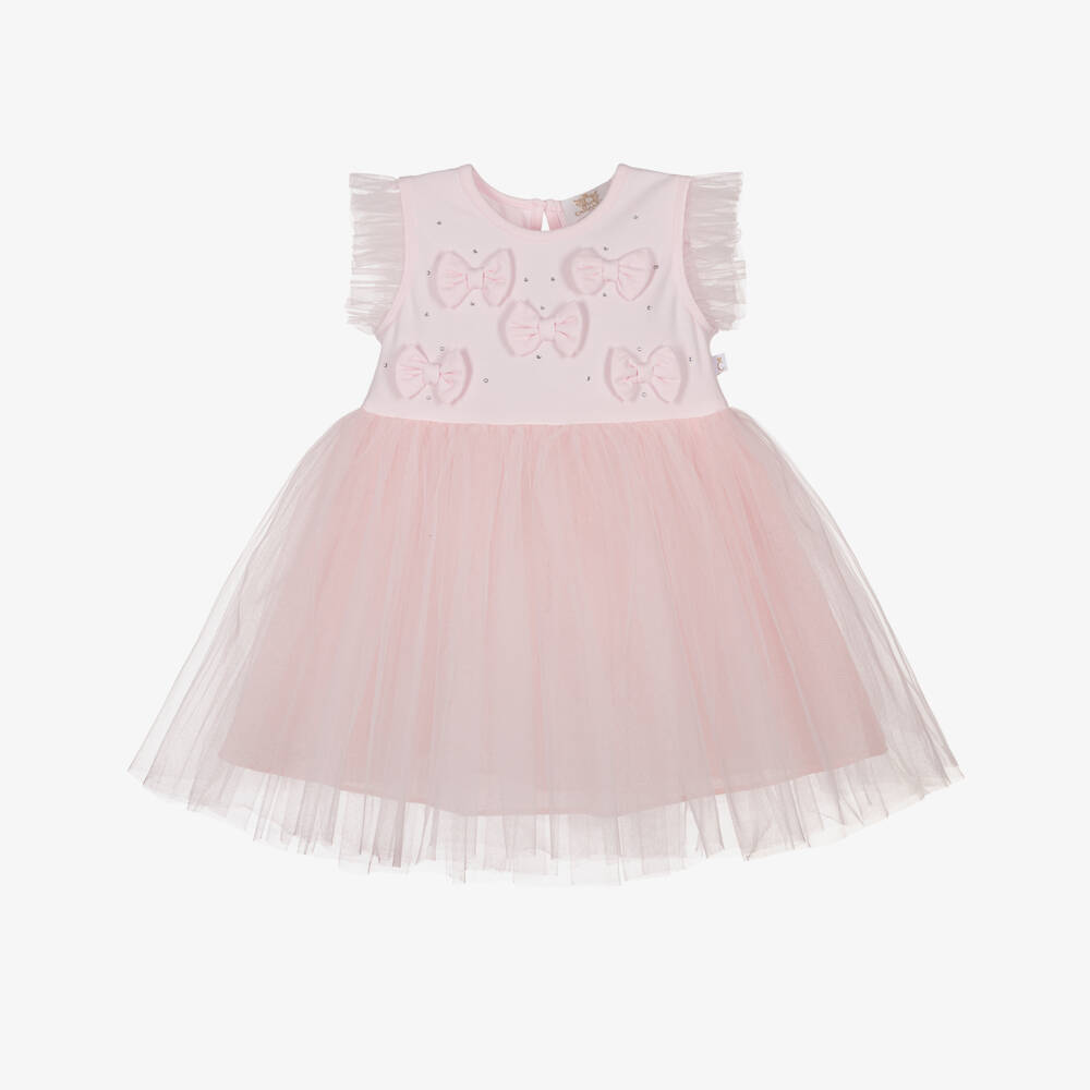 Caramelo Kids-Girls Pastel Pink Bow Dress with Tulle Skirt | Childrensalon Outlet